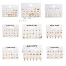 Load image into Gallery viewer, 12 Pair/Set Crystal Stud Earrings Triangle Knot 2019 New Rhinestone imitation Pearl Earrings for Girls Tiny Ear Studs Pendientes