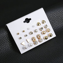 Load image into Gallery viewer, 12 Pair/Set Crystal Stud Earrings Triangle Knot 2019 New Rhinestone imitation Pearl Earrings for Girls Tiny Ear Studs Pendientes