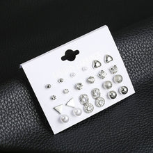 Load image into Gallery viewer, 12 Pair/Set Crystal Stud Earrings Triangle Knot 2019 New Rhinestone imitation Pearl Earrings for Girls Tiny Ear Studs Pendientes