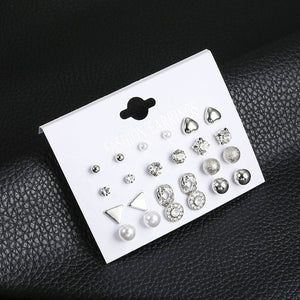 12 Pair/Set Crystal Stud Earrings Triangle Knot 2019 New Rhinestone imitation Pearl Earrings for Girls Tiny Ear Studs Pendientes