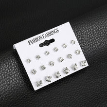 Load image into Gallery viewer, 12 Pair/Set Crystal Stud Earrings Triangle Knot 2019 New Rhinestone imitation Pearl Earrings for Girls Tiny Ear Studs Pendientes