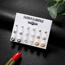 Load image into Gallery viewer, 12 Pair/Set Crystal Stud Earrings Triangle Knot 2019 New Rhinestone imitation Pearl Earrings for Girls Tiny Ear Studs Pendientes