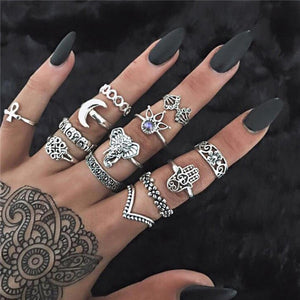 VAGZEB 11 Pcs/set Women Fashion Rings Set Gold Color Hollow Geometric Opal Ring for Woman Wedding Jewelry