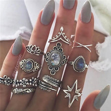 Load image into Gallery viewer, VAGZEB 11 Pcs/set Women Fashion Rings Set Gold Color Hollow Geometric Opal Ring for Woman Wedding Jewelry