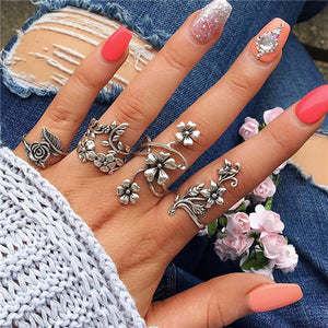 VAGZEB 11 Pcs/set Women Fashion Rings Set Gold Color Hollow Geometric Opal Ring for Woman Wedding Jewelry