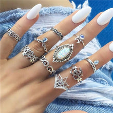 Load image into Gallery viewer, VAGZEB 11 Pcs/set Women Fashion Rings Set Gold Color Hollow Geometric Opal Ring for Woman Wedding Jewelry