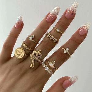 VAGZEB 11 Pcs/set Women Fashion Rings Set Gold Color Hollow Geometric Opal Ring for Woman Wedding Jewelry