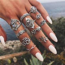 Load image into Gallery viewer, VAGZEB 11 Pcs/set Women Fashion Rings Set Gold Color Hollow Geometric Opal Ring for Woman Wedding Jewelry