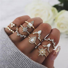 Load image into Gallery viewer, VAGZEB 11 Pcs/set Women Fashion Rings Set Gold Color Hollow Geometric Opal Ring for Woman Wedding Jewelry