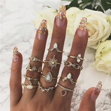 Load image into Gallery viewer, VAGZEB 11 Pcs/set Women Fashion Rings Set Gold Color Hollow Geometric Opal Ring for Woman Wedding Jewelry