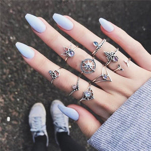 VAGZEB 11 Pcs/set Women Fashion Rings Set Gold Color Hollow Geometric Opal Ring for Woman Wedding Jewelry