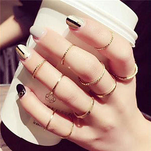 VAGZEB 11 Pcs/set Women Fashion Rings Set Gold Color Hollow Geometric Opal Ring for Woman Wedding Jewelry