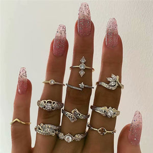 VAGZEB 11 Pcs/set Women Fashion Rings Set Gold Color Hollow Geometric Opal Ring for Woman Wedding Jewelry