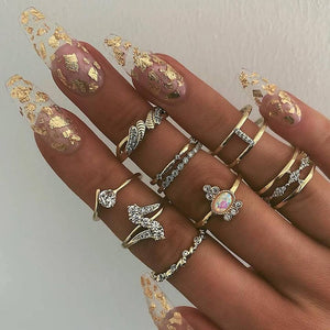 VAGZEB 11 Pcs/set Women Fashion Rings Set Gold Color Hollow Geometric Opal Ring for Woman Wedding Jewelry