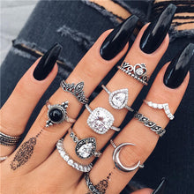 Load image into Gallery viewer, 15 Pcs/set Women Fashion Rings Hearts Fatima Hands Virgin Mary Cross Leaf Hollow Geometric Crystal Ring Set Wedding Jewelry