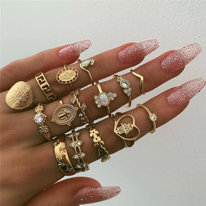 15 Pcs/set Women Fashion Rings Hearts Fatima Hands Virgin Mary Cross Leaf Hollow Geometric Crystal Ring Set Wedding Jewelry