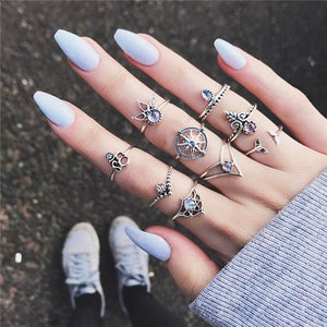 15 Pcs/set Women Fashion Rings Hearts Fatima Hands Virgin Mary Cross Leaf Hollow Geometric Crystal Ring Set Wedding Jewelry