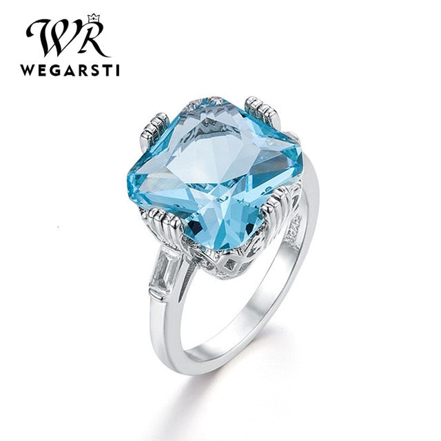 WEGARASTI Silver 925 Jewelry Ring Aquamarine Topaz Party Classic 925 Sterling Silver Rings Jewelry Woman Wedding Party Gift