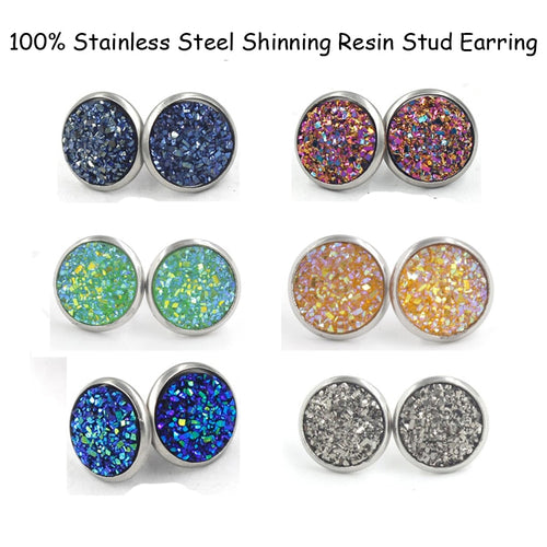 Fnixtar 12mm 100% Stainless Steel Shinning Resin Stud Earring for Women Top Quality Fashion Earrings Party Ear Jewelry