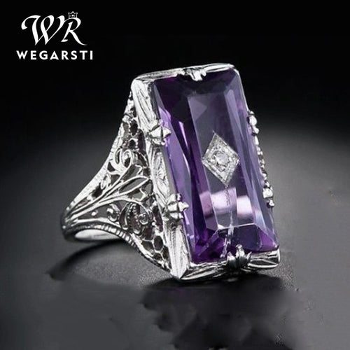 WEGARSTI 925 Silver Jewelry Purple Stone Rings for Women Square Wedding Ring Classic  Engagement Ring Bague Femme Anillos Mujer