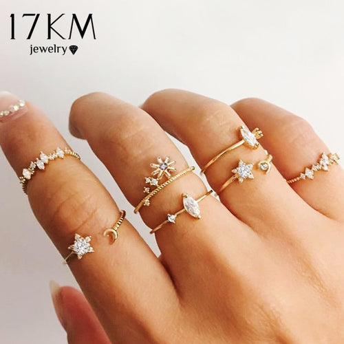 17KM New Vintage Gold Crystal Rings 2020 Bohemian Moon Star Ring For Women Midi Finger Ring Set Wedding Fashion Jewelry Gifts